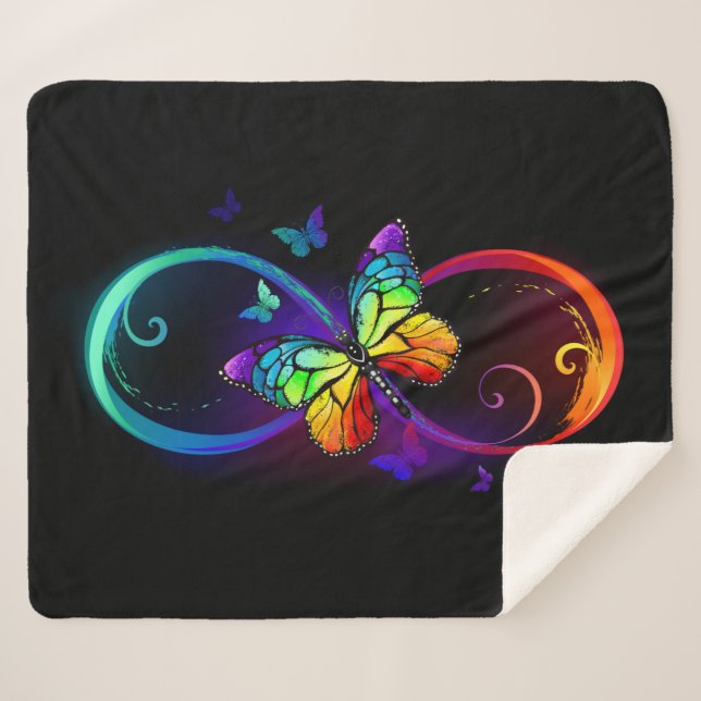 Vibrant infinity with rainbow butterfly on black  sherpa blanket (Front (Horizontal))