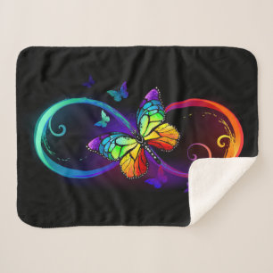 Vibrant infinity with rainbow butterfly on black  sherpa blanket