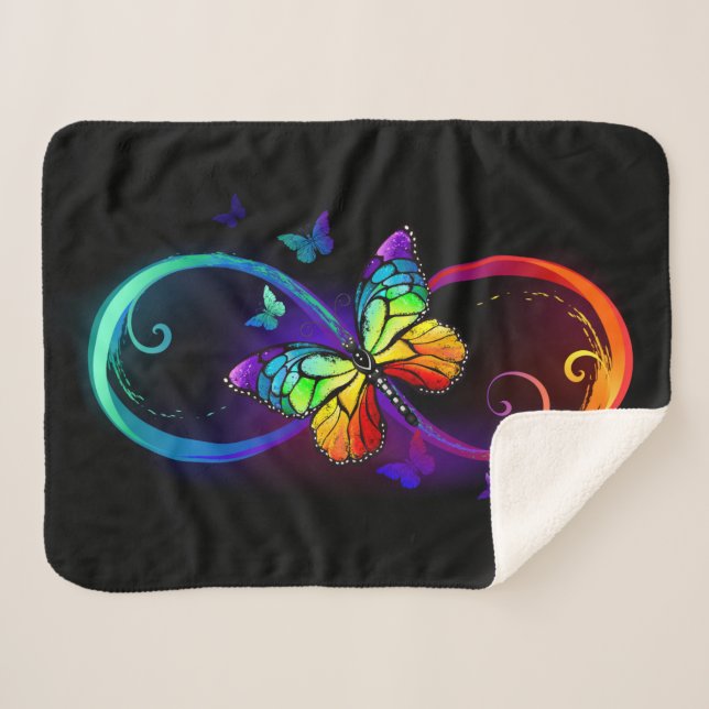 Vibrant infinity with rainbow butterfly on black  sherpa blanket (Front (Horizontal))