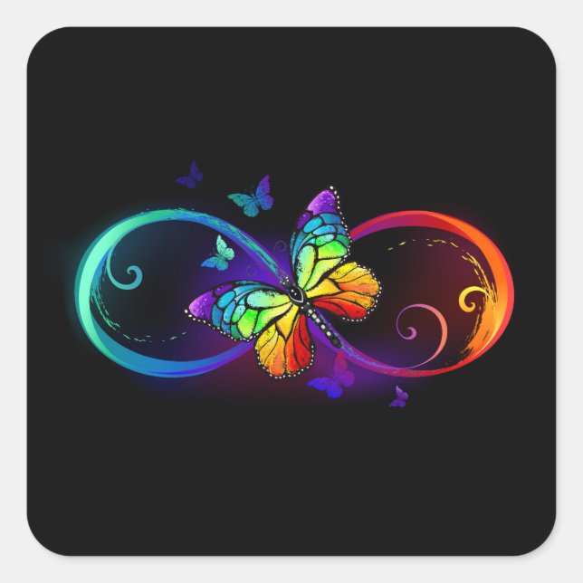 Vibrant infinity with rainbow butterfly on black square sticker (Front)