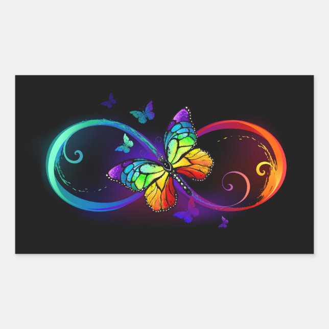 Vibrant infinity with rainbow butterfly on black sticker (Front)