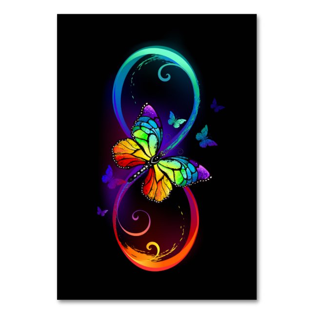 Vibrant infinity with rainbow butterfly on black table number (Front)