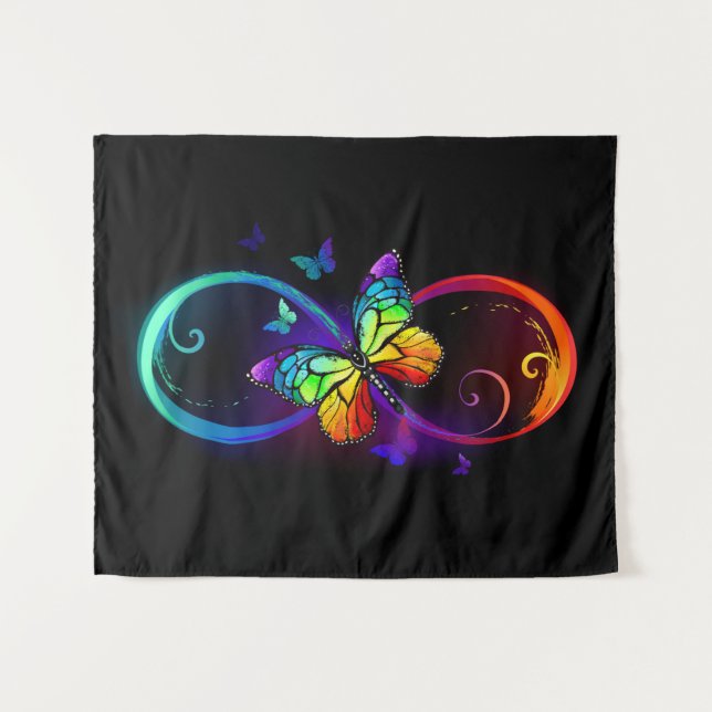 Vibrant infinity with rainbow butterfly on black tapestry (Front (Horizontal))