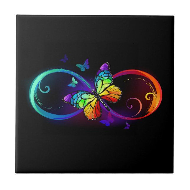 Vibrant infinity with rainbow butterfly on black tile (Front)