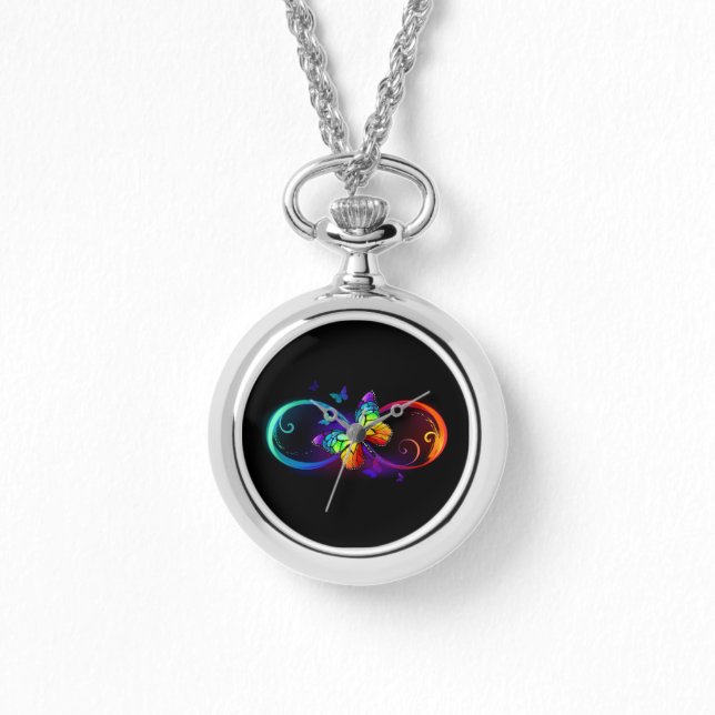 Vibrant infinity with rainbow butterfly on black watch (Front)