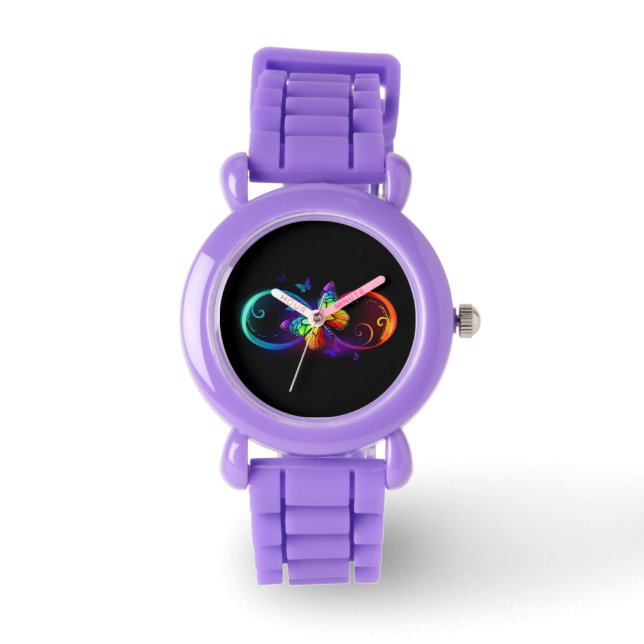 Vibrant infinity with rainbow butterfly on black watch (Front)
