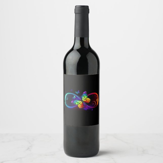 Vibrant infinity with rainbow butterfly on black wine label (Front)