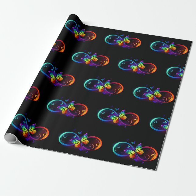Vibrant infinity with rainbow butterfly on black wrapping paper (Unrolled)