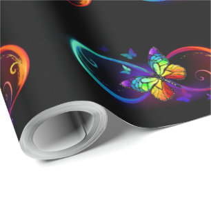 Vibrant infinity with rainbow butterfly on black wrapping paper