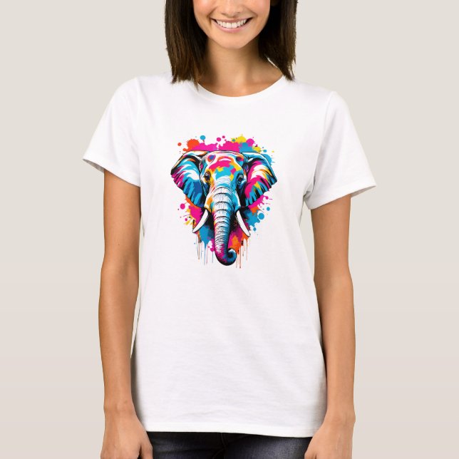 Vibrant Ink Splatter Elephant Pop Art, Colourful T-Shirt (Front)