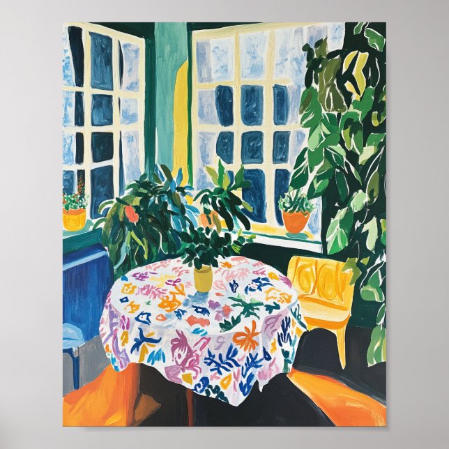 Vibrant Interior Scene with Floral Tablecloth Post Poster (Front)