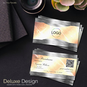 Vibrant Ivory Peach Silver Borders Logo QR Code Business Card