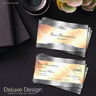 Vibrant Ivory Peach with Silver Borders and Logo Business Card