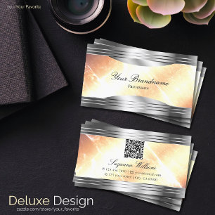 Vibrant Ivory Peach with Silver Borders QR Code Business Card