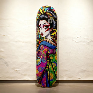 Vibrant Japanese Geisha in Kimono Portrait Skateboard