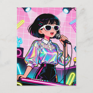 Vibrant Japanese Karaoke Pop Art Girl Postcard