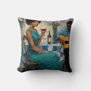 Vibrant Jazz Woman Teal Bistro Art Throw Pillow
