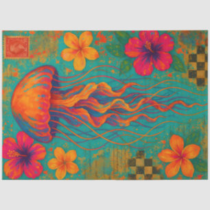 Vibrant Jellyfish with Hibiscus Flowers Nautical Tissue Paper