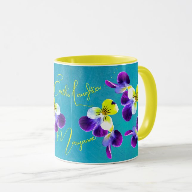 Vibrant Johnny Jump-up Laughing Violas Mug (Front Right)