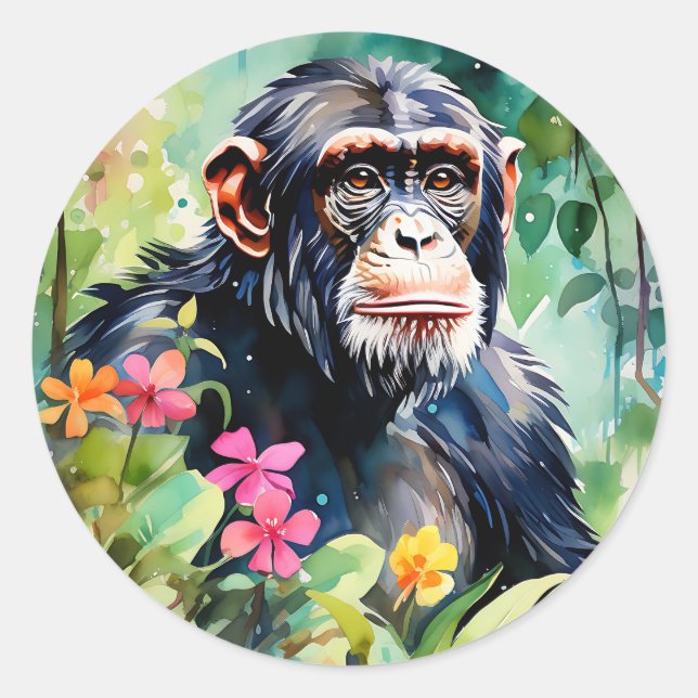 Vibrant Jungle Chimpanzee Classic Round Sticker (Front)