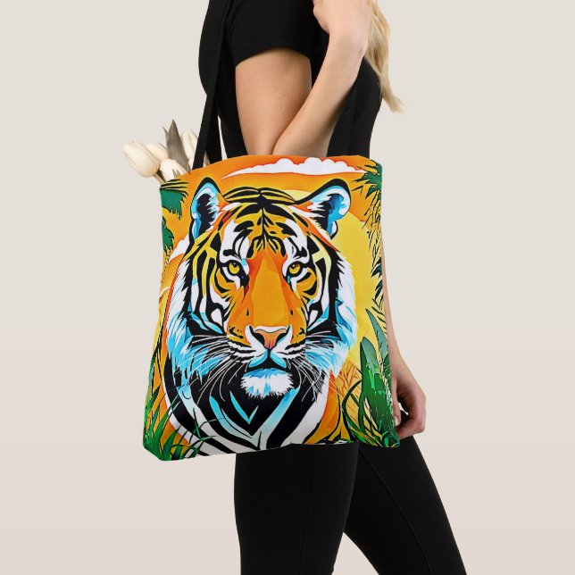 Vibrant Jungle Tiger Art Design Tote Bag (Close Up)