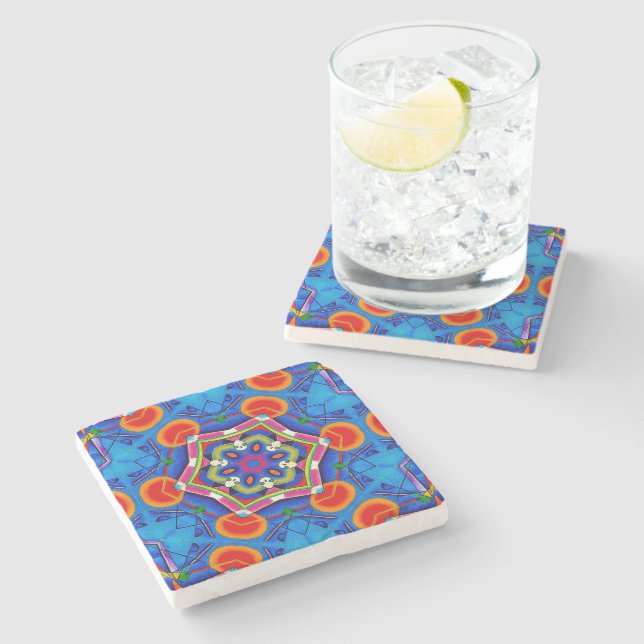 Vibrant Kaleidoscope Geometric Abstract Stone Coaster (Side)