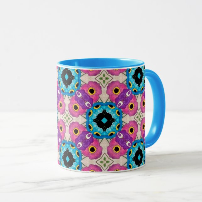 Vibrant Kaleidoscope Mug w/ Bright Blue interior (Front Right)