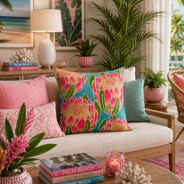Vibrant King Protea Flower Pattern Teal Pink Throw Pillow (Creator Uploaded)