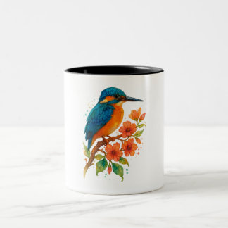 Vibrant Kingfisher with Blossoms – Watercolor Art Two-Tone Coffee Mug