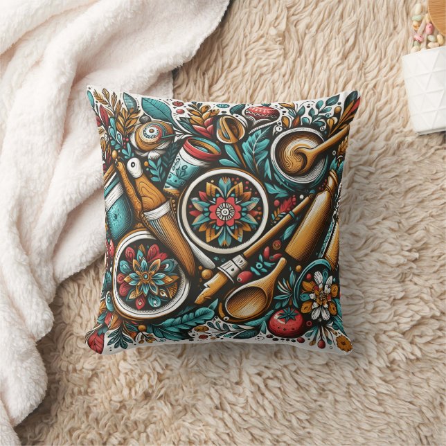 Vibrant kitchen tools and plants arrangement throw pillow (Blanket)