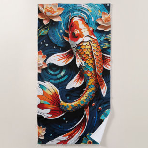 Vibrant Koi and Beautiful Flowers Aquatic Scene Beach Towel
