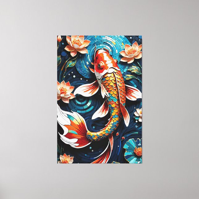 Vibrant Koi and Beautiful Flowers Aquatic Scene Canvas Print (Front)