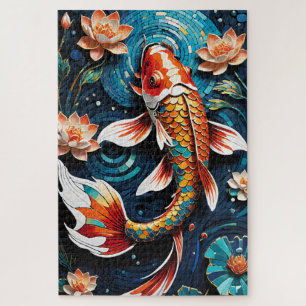 Vibrant Koi and Beautiful Flowers Aquatic Scene Jigsaw Puzzle