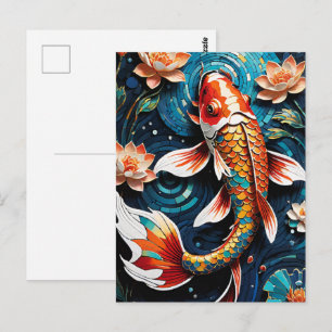 Vibrant Koi and Beautiful Flowers Aquatic Scene Postcard