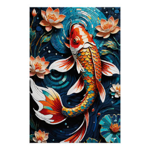 Vibrant Koi and Beautiful Flowers Aquatic Scene Poster
