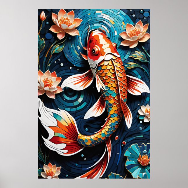 Vibrant Koi and Beautiful Flowers Aquatic Scene Poster (Front)