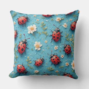 Vibrant Ladybugs and Blossoms Pattern Throw Pillow