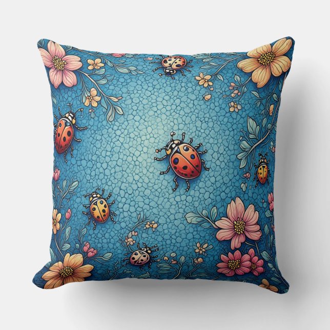 Vibrant Ladybugs and Blossoms Pattern Throw Pillow (Front)