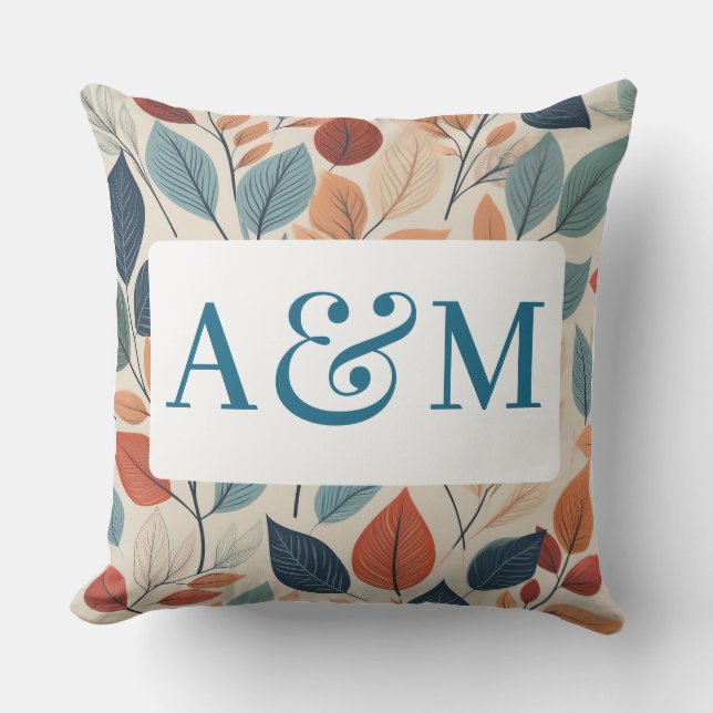 Vibrant Leaf Pattern with Dual Monogram Outdoor Pillow (Front)
