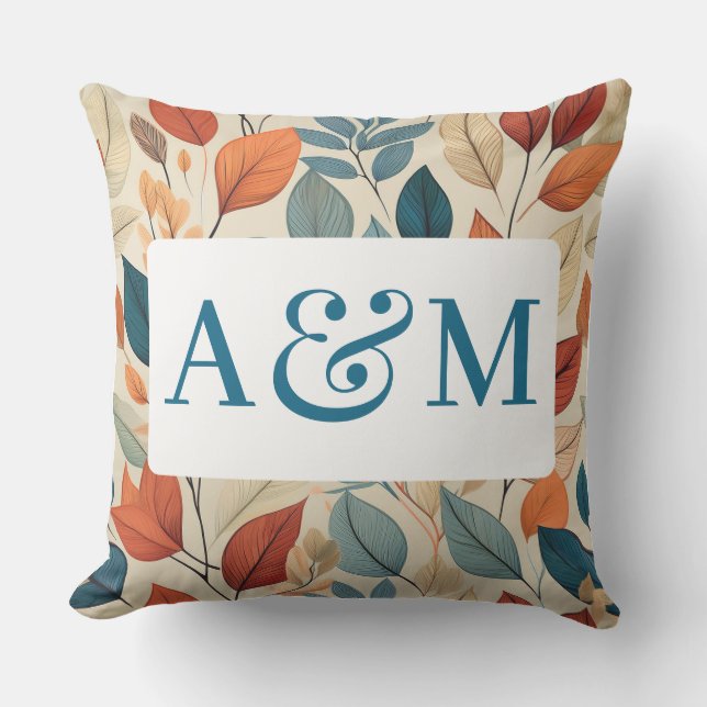 Vibrant Leaf Pattern with Dual Monogram Outdoor Pillow (Front)