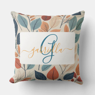 Vibrant Leaf Pattern with Name & Monogram Outdoor Pillow