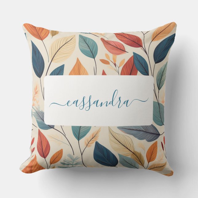 Vibrant Leaf Pattern with Name Outdoor Pillow (Front)