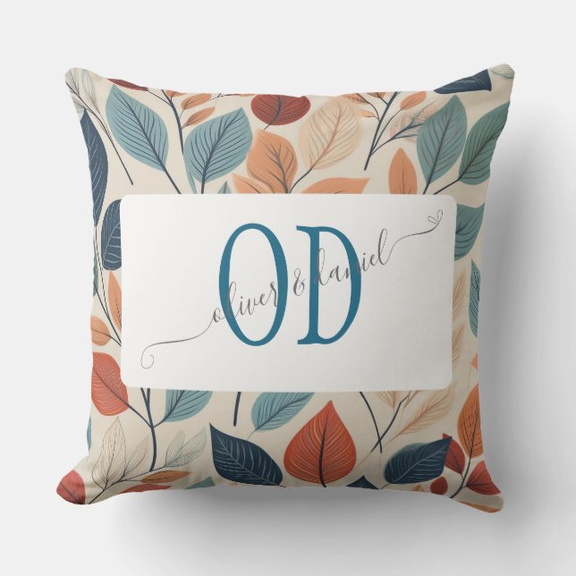 Vibrant Leaf Pattern with Names & Monogram Outdoor Pillow (Front)