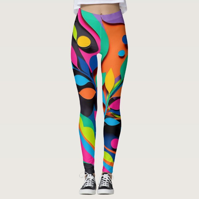 Vibrant Leaf Wave Harmony Leggings (Front)