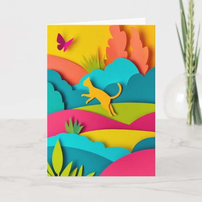 Vibrant Leaping Cat Card (Front)