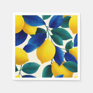 Vibrant Lemon & Blue Leaves Watercolor Pattern Napkin