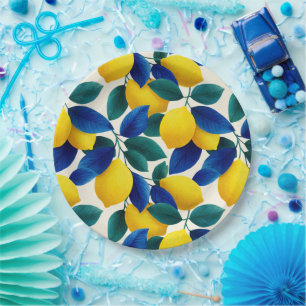 Vibrant Lemon & Blue Leaves Watercolor Pattern Paper Plate