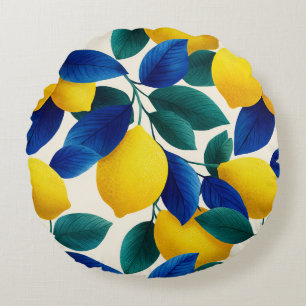 Vibrant Lemon & Blue Leaves Watercolor Pattern Round Pillow