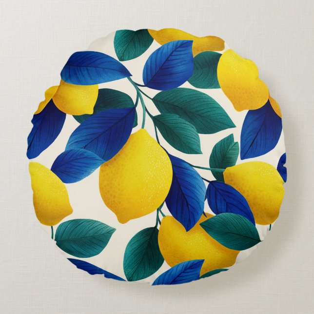 Vibrant Lemon & Blue Leaves Watercolor Pattern Round Pillow (Front)