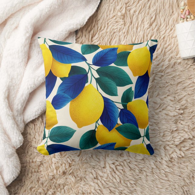 Vibrant Lemon & Blue Leaves Watercolor Pattern Throw Pillow (Blanket)